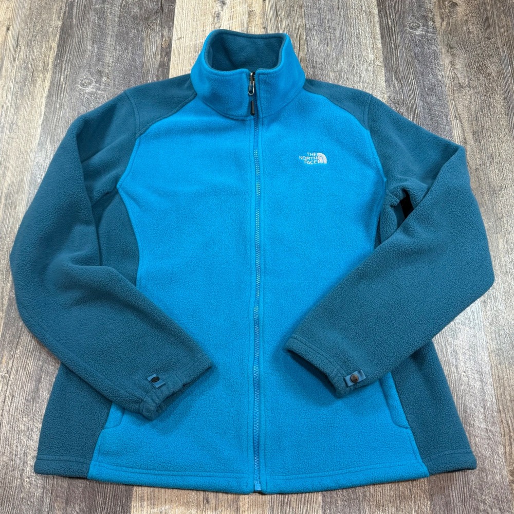 North Face Womens XL Full Zip Fleece Jacket Blue Color Block Mock Neck Outdoor